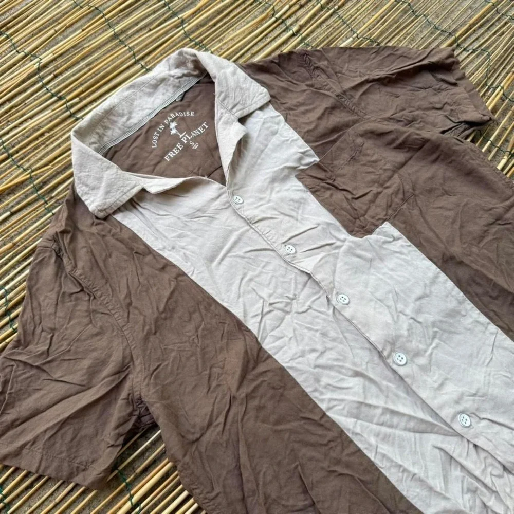 Free Planet Bowling Shirt Mens Size Small Brown Beige Colorblock‎ Short Sleeve